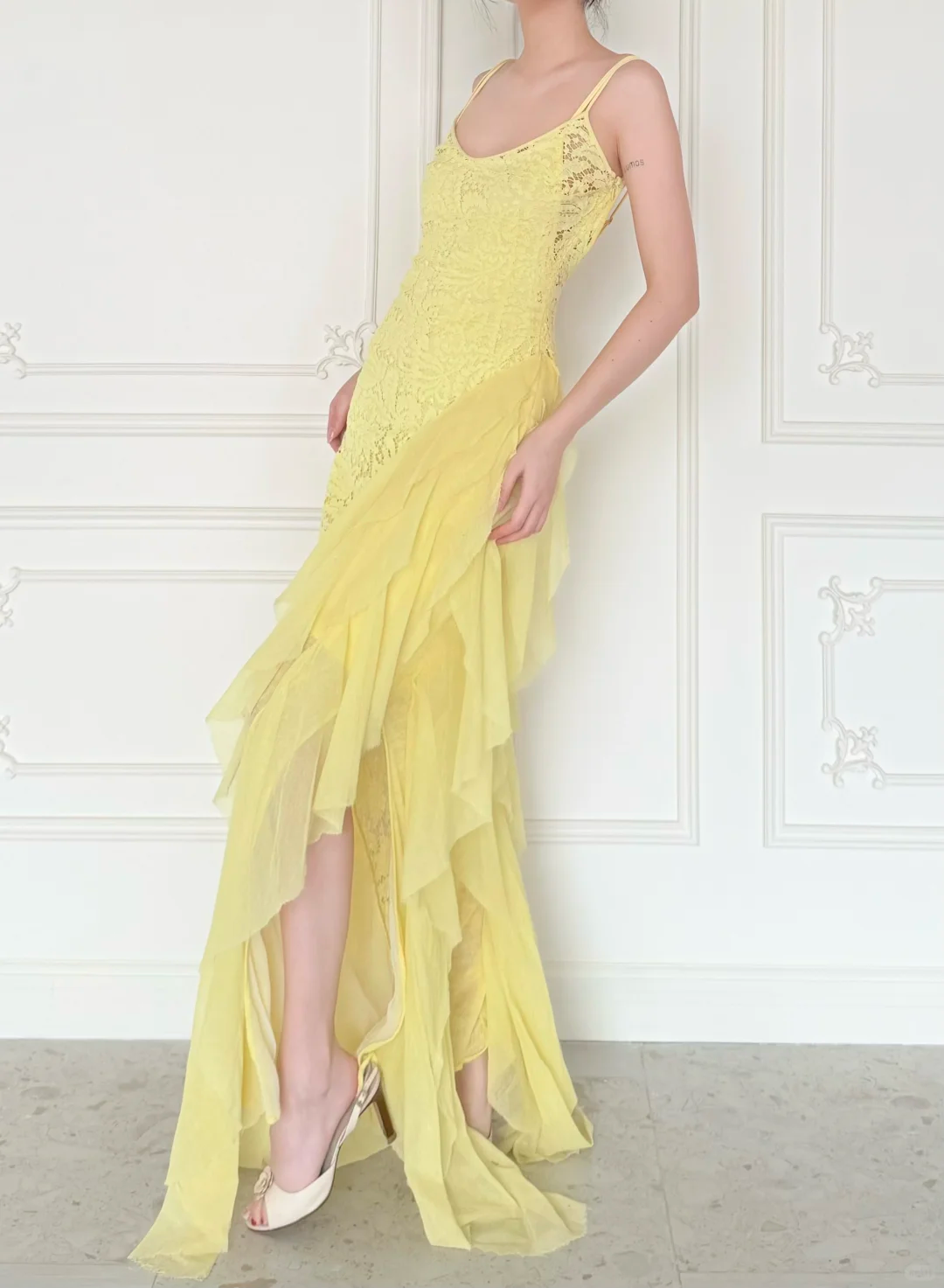 Stunning Yellow Sheath Spaghetti Strap Lace Chiffon Prom Dress Evening Dress DP6444
