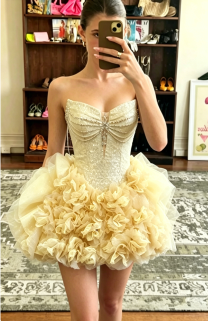 Gorgeous A Line Strapless Rhinestone Sequin Tulle Short Homecoming Dress Cocktail Dress DP2641