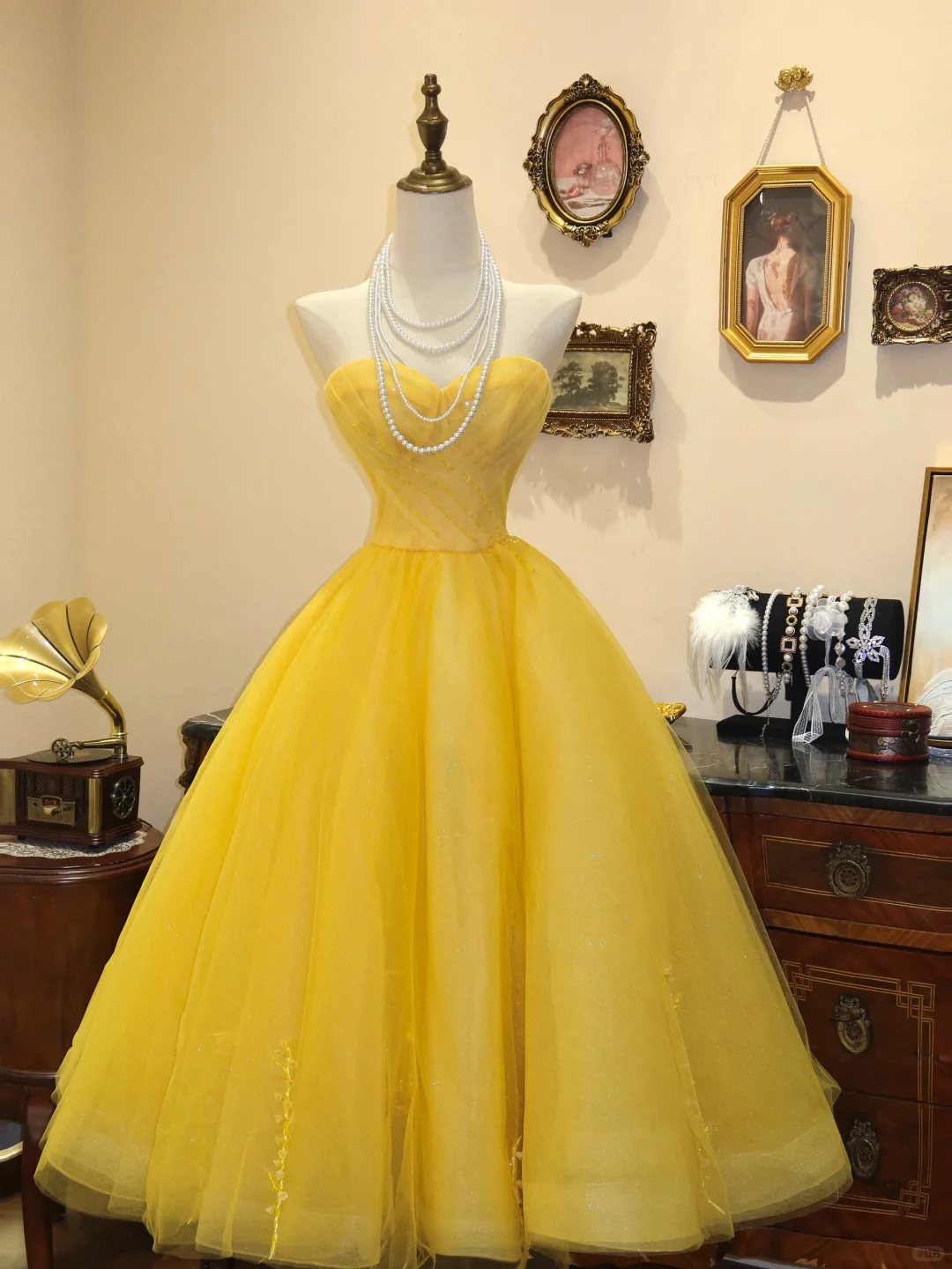 Yellow Cute A Line Sweetheart Neck Tulle Prom Dress Evening Dress DP2816