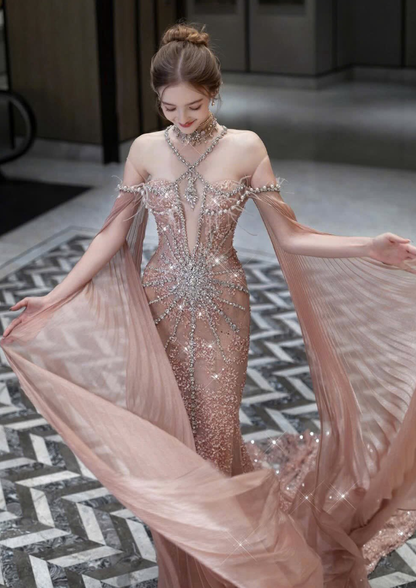 Unique Exquisite Rhinestone Mermaid Straps Sequin Tulle Long Prom Dress DP4635