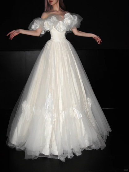Elegant Princess A Line Off the Shoulder Floral Tulle Wedding Dress DP5174