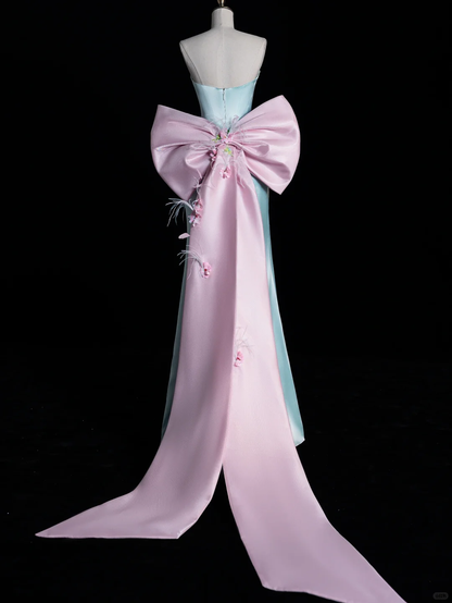 Cute A Line Sweetheart Neck Pink Bow Blue Satin Long Prom Dress Graduation Prom Dress DP2048