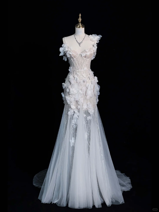 White Flower Mermaid Spaghetti Strap Beaded Tulle Long Prom Dress Formal Dress DP3239