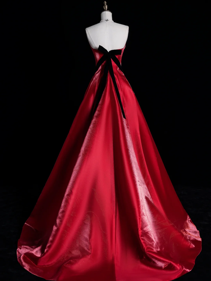 Black Bow A Line Strapless Burgundy Satin Long Prom Dress Graduation Prom Dress DP1968
