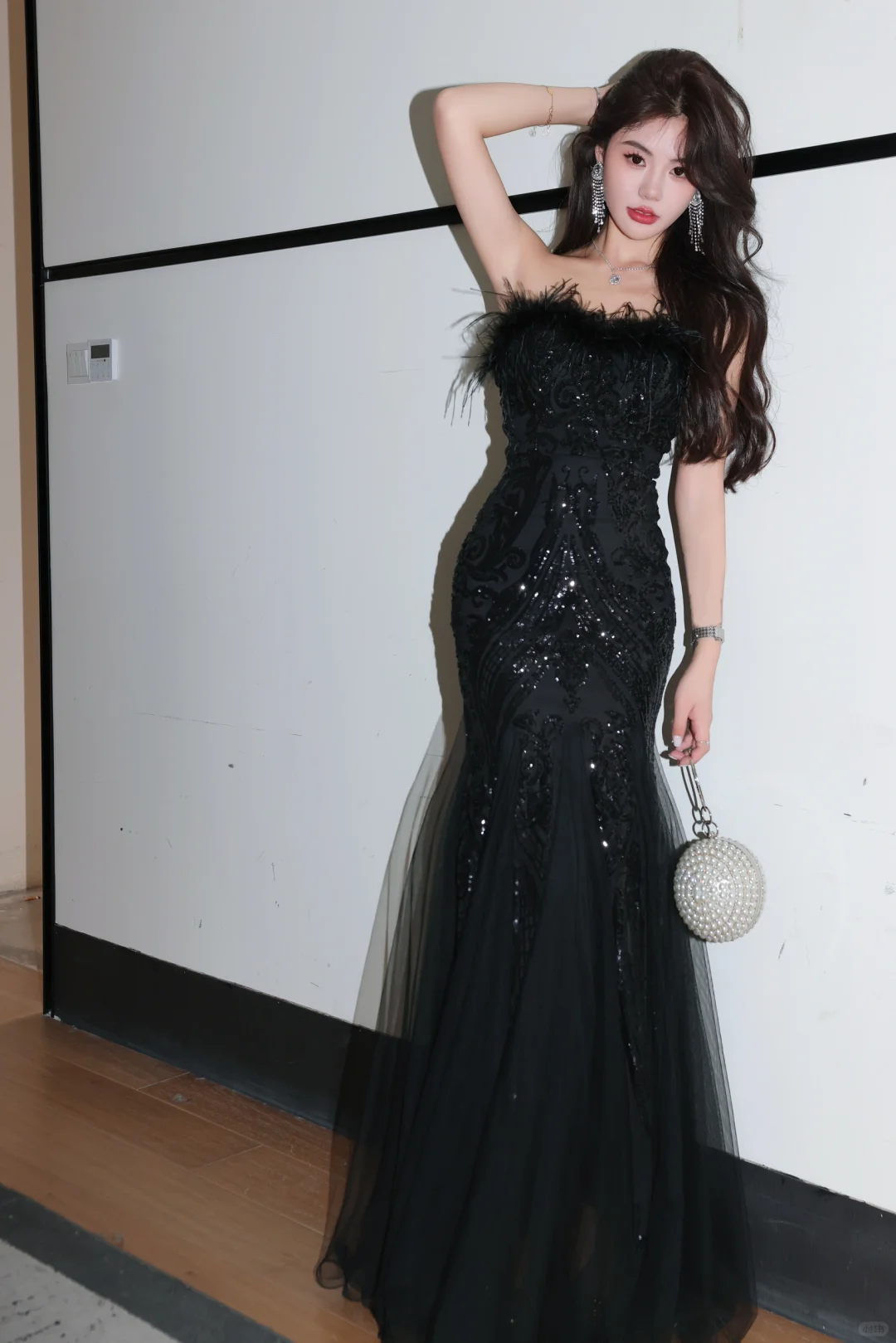 Sexy Mermaid Strapless Feather Black Sequin Tulle Prom Dress Evening Dress DP2026