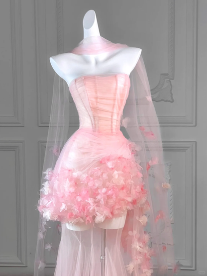 Pink Mermaid Strapless 3D Flower Corset Tulle Long Party Dress Evening Dress DP2593