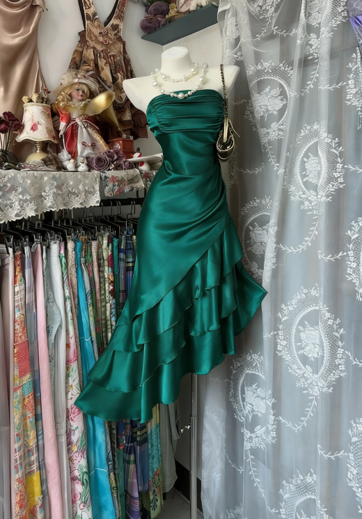 Vintage Mermaid Strapless Champagne Layered Satin Outfits Dress DP4855
