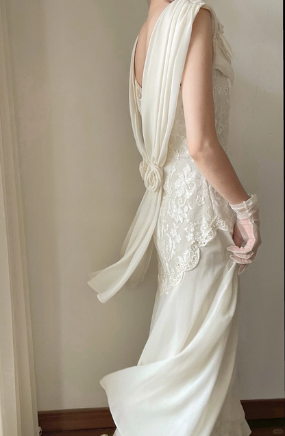 Elegant A Line Retro Lace Chiffon Long Open Back Prom Dress Evening Dress DP3323