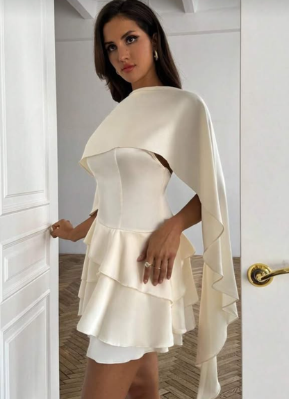 Light Champagne A Line Straps Layered Satin Short Homecoming Dress with Cape DP2875