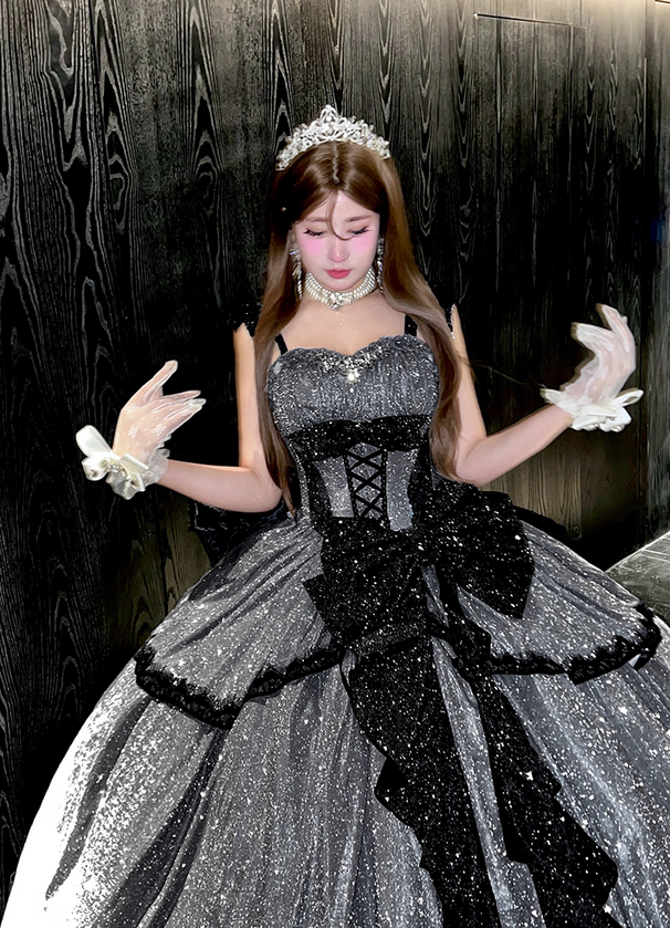 Stunning Black Bow A Line Sequin Lolita Goth Boning Dress Prom Dress DP4506