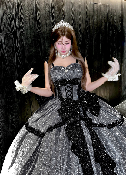 Stunning Black Bow A Line Sequin Lolita Goth Boning Dress Prom Dress DP4506