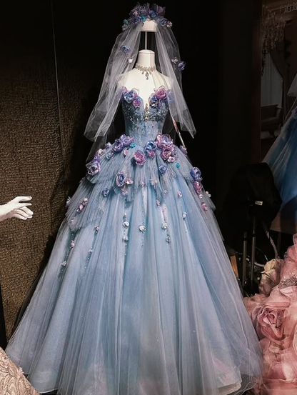 Blue Floral Ball Gown Sweetheart Neck Exquisite Beaded Tulle Long Prom Dress DP4604