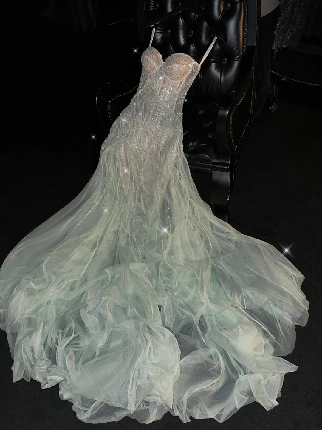 Fairy A Line Spaghetti Strap Beaded Sequin Tulle Long Prom Dress Evening Dress DP1943