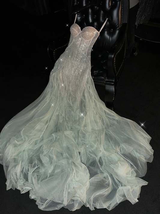 Fairy A Line Spaghetti Strap Beaded Sequin Tulle Long Prom Dress Evening Dress DP1943