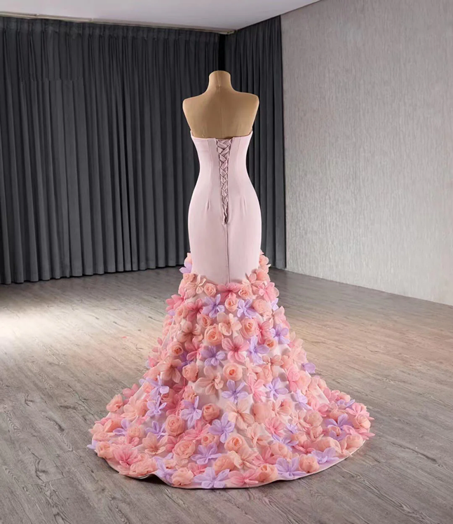 Mermaid Strapless Pink Flower Satin Prom Dresses High Low Removable Long Sleeves DP1258