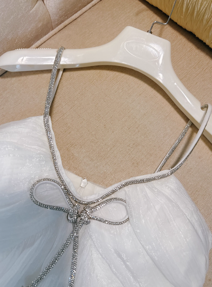 Elegant White A Line Spaghetti Straps Beaded Chiffon Prom Dress Outfits DP4482