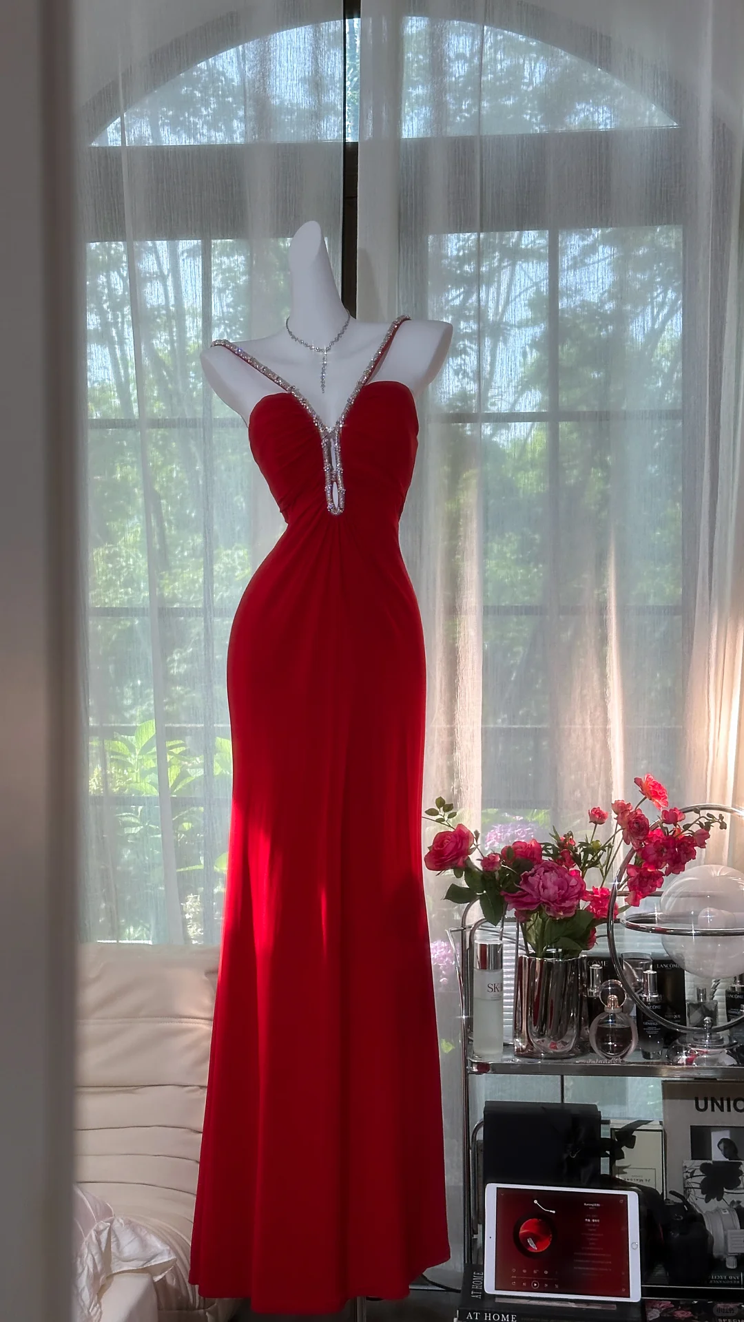 Red Gentle Simple Beaded Chiffon Prom Dress Date Dress Evening Dress DP2952