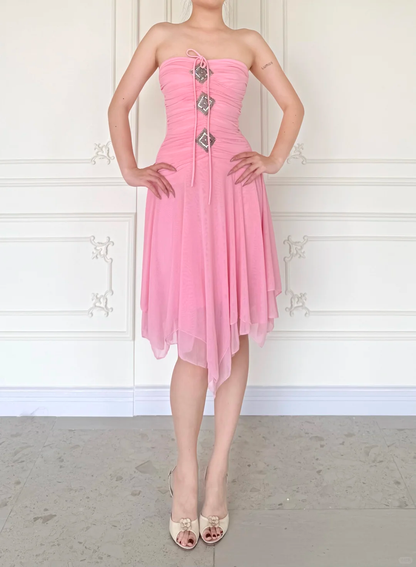 Vintage A Line Strapless Sweety Pink Chiffon Homecoming Dress Outfits DP5136