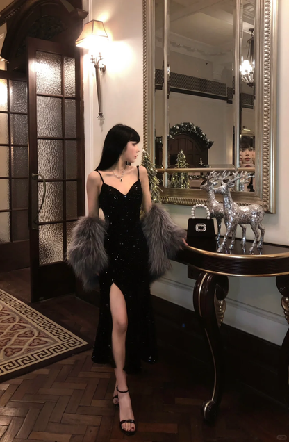 Sexy Black Sheath Spaghetti Straps Sequin Prom Dress Evening Dress DP5768