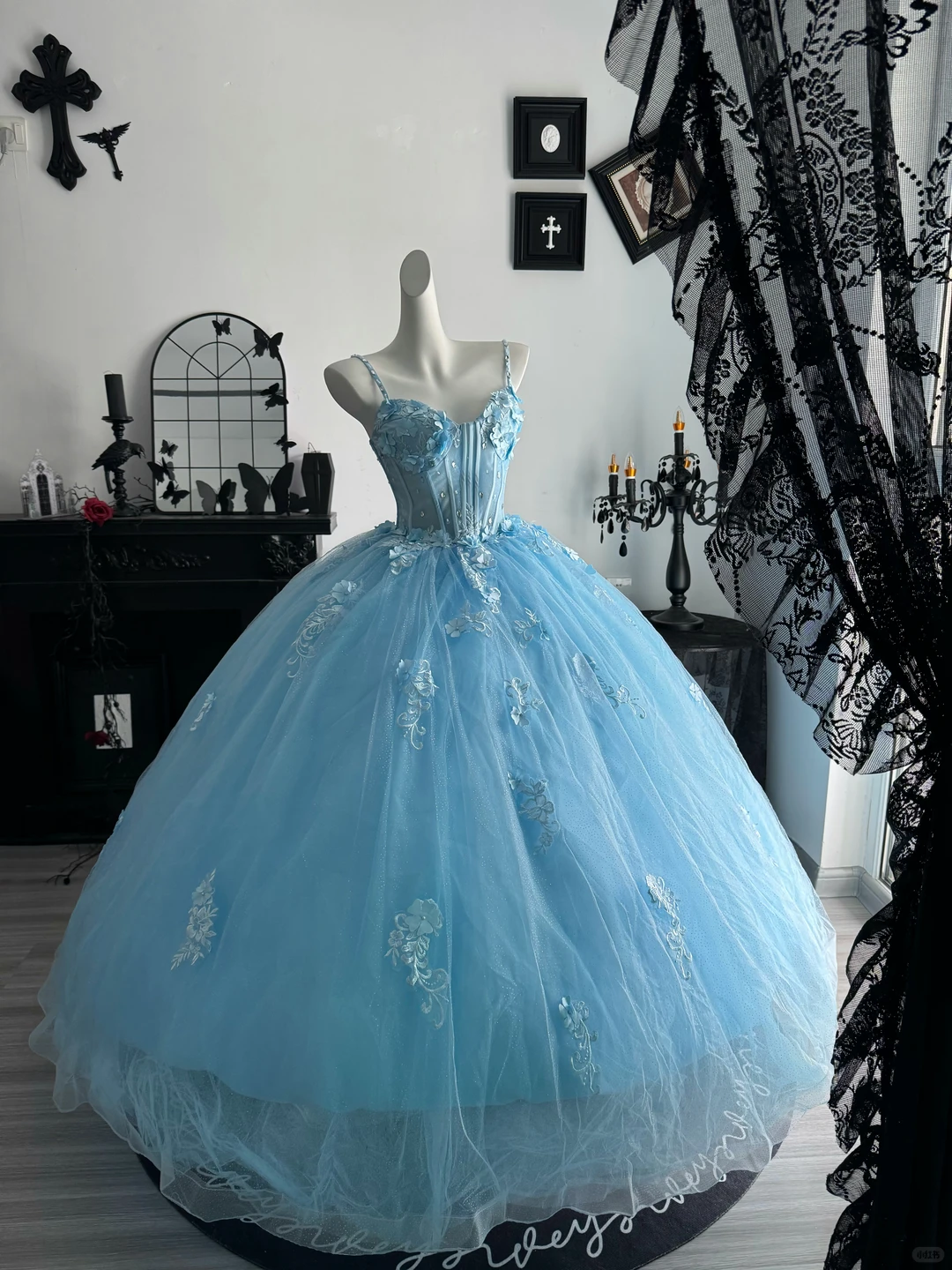 Baby Blue Ball Gown Spaghetti Strap Floral Tulle Prom Dress Quinceanera Dress DP6958