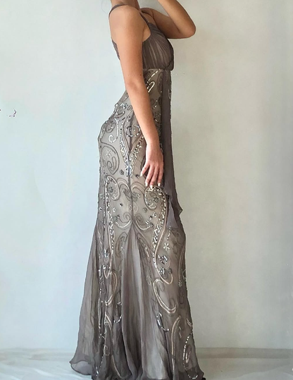 Vintage Mermaid Strap Sequin Brown Chiffon Long Prom Dress Evening Dress DP1753