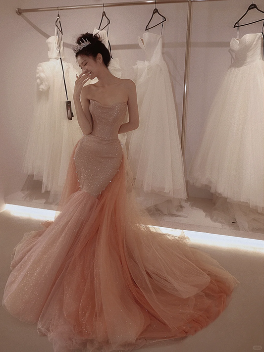 Cute Pink Mermaid Strapless Beaded Sequin Tulle Prom Dress 16th Birthday Dress DP4249