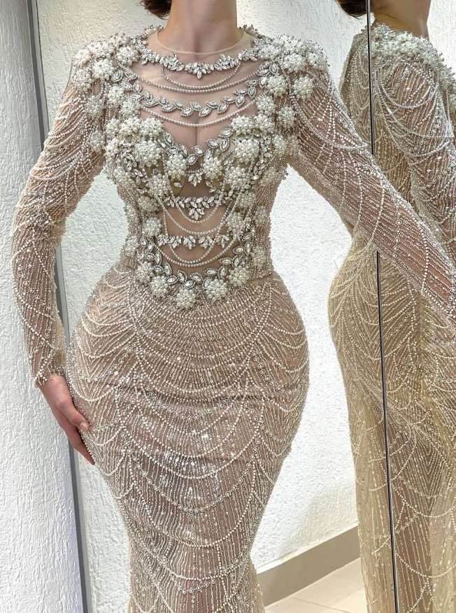 Glamorous Sheath Long Sleeve Beaded Pearl Nude Tulle Prom Dress DP5735