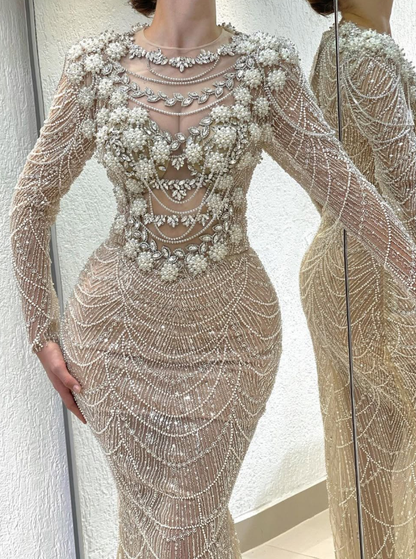 Glamorous Sheath Long Sleeve Beaded Pearl Nude Tulle Prom Dress DP5735
