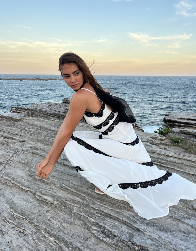 Unique Sheath Spaghetti Strap Black Lace White Chiffon Prom Dress Evening Dress DP1859
