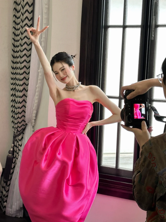 Pink Flower Bud Dress Strapless Satin Prom Dress Graduation Prom Dress DP1976