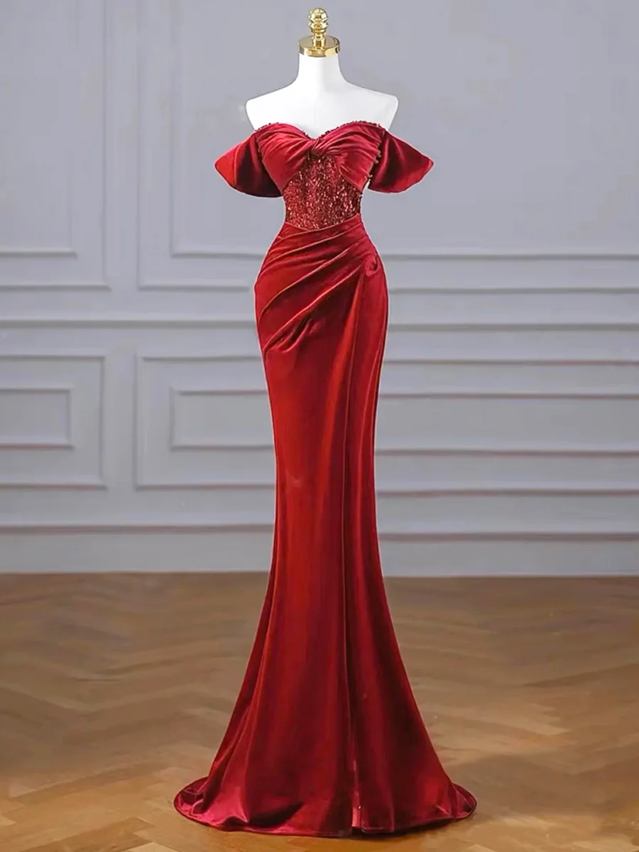 Sexy Red Velvet Sequins Long Slit Prom Dress Off the Shoulder Mermaid Party Dress DP391