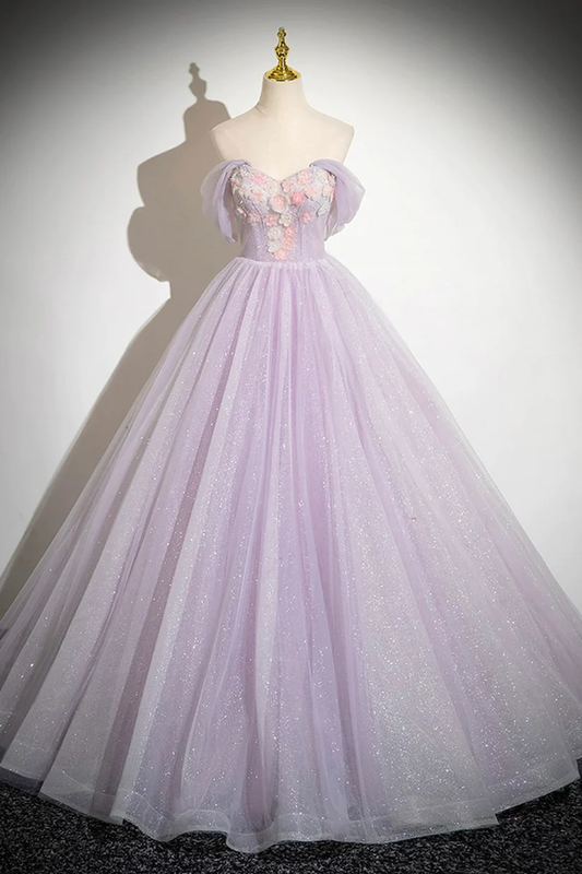 Lilac Tulle Long A-Line Appliques Prom Dress Glitter Off The Shoulder Formal Evening Dress DP491