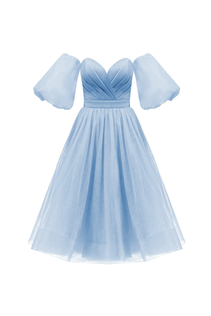 Shiny Ball Gown Puff Light Blue Sequin Short Prom Dress Homecoming Dress with Slit DP3937