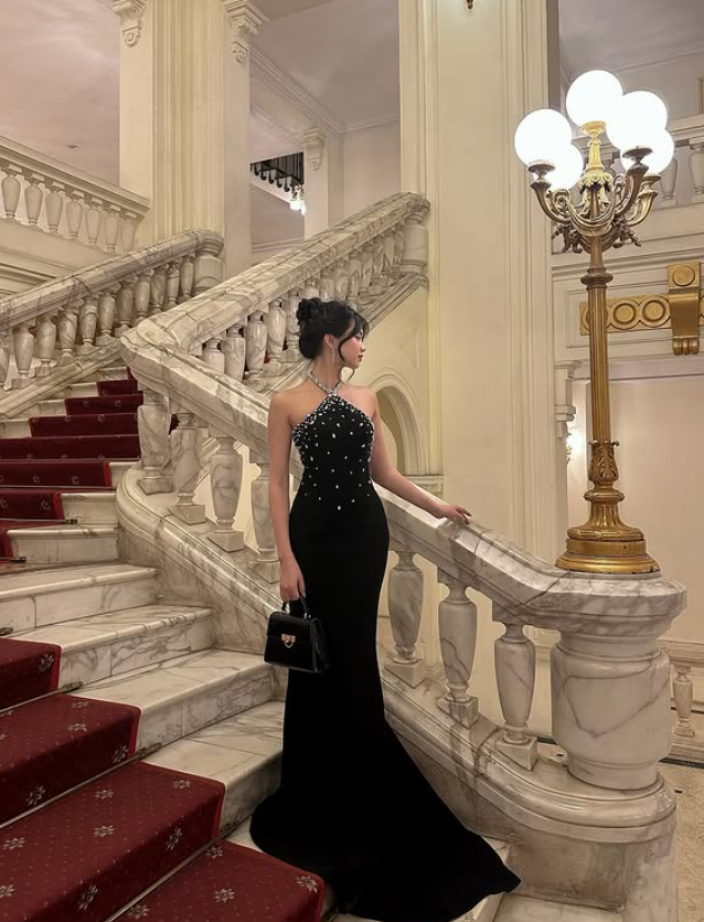 Classic Mermaid Halter Beaded Black Satin Open Back Prom Dress 16th Birthday Dress Long Sweep DP3973