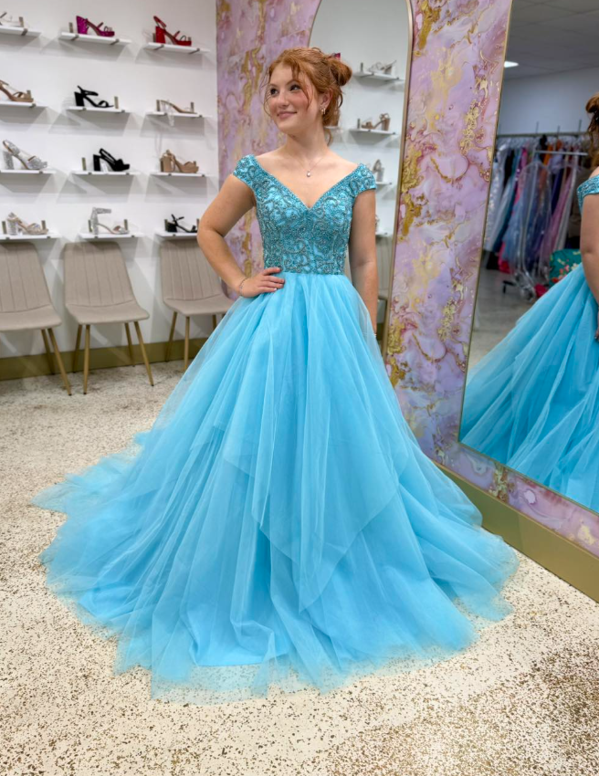 Romantic Blue A Line Off the Shoulder Beaded Tulle Long Prom Dress Evening Dress DP6569