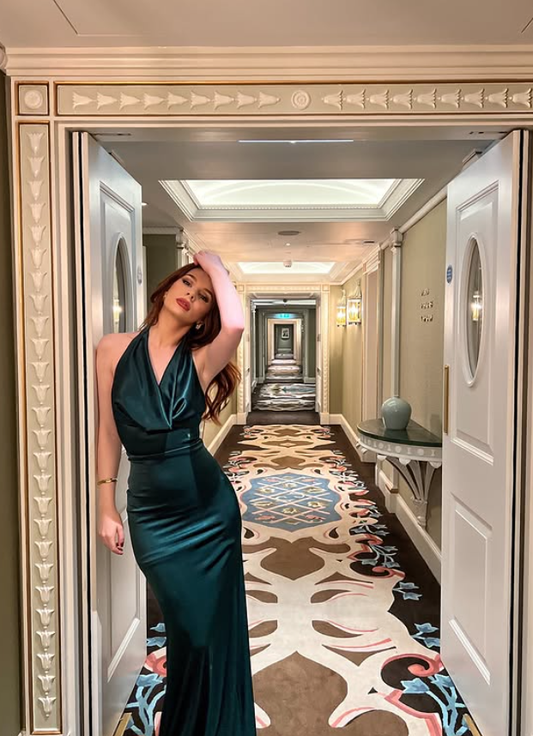 Elegant Green Mermaid Halter Satin Open Back Long Prom Dress Wedding Guest Dress DP4312