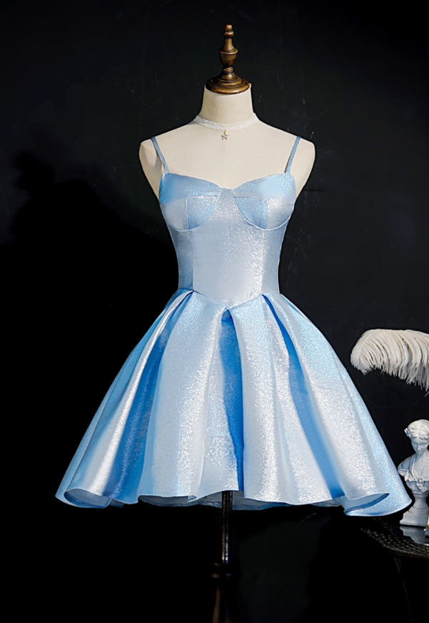 Blue Spaghetti Straps Flash Satin Homecoming Dress Short Prom Dress DP302