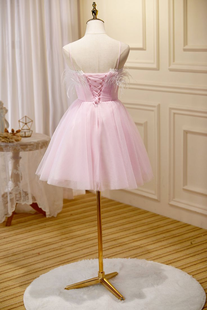 Cute Pink Tulle Feathers Homecoming Dress Straps Short Prom Dress DP559