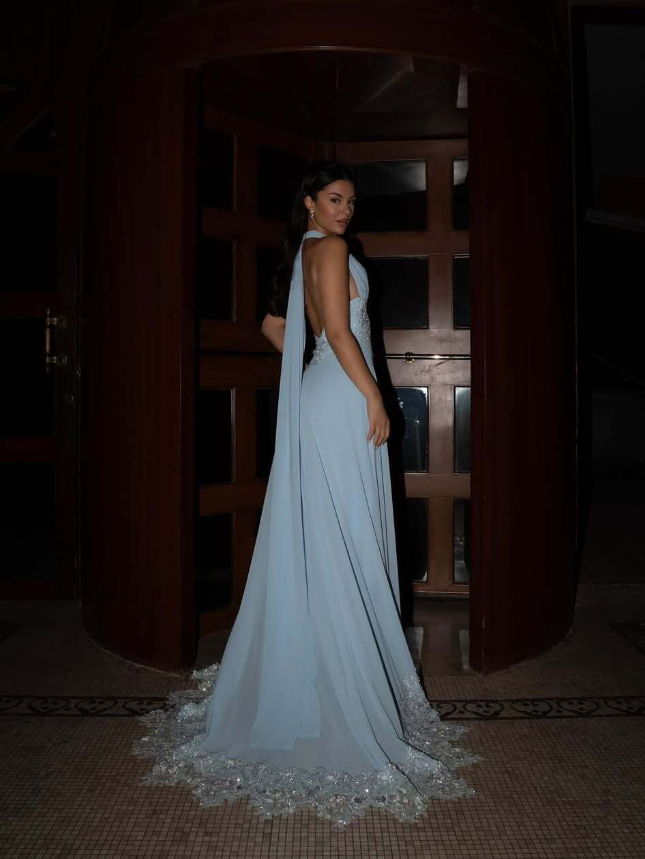 Baby Blue A Line Halter Beaded Chiffon Long Prom Dress Wedding Guest Dress DP4324