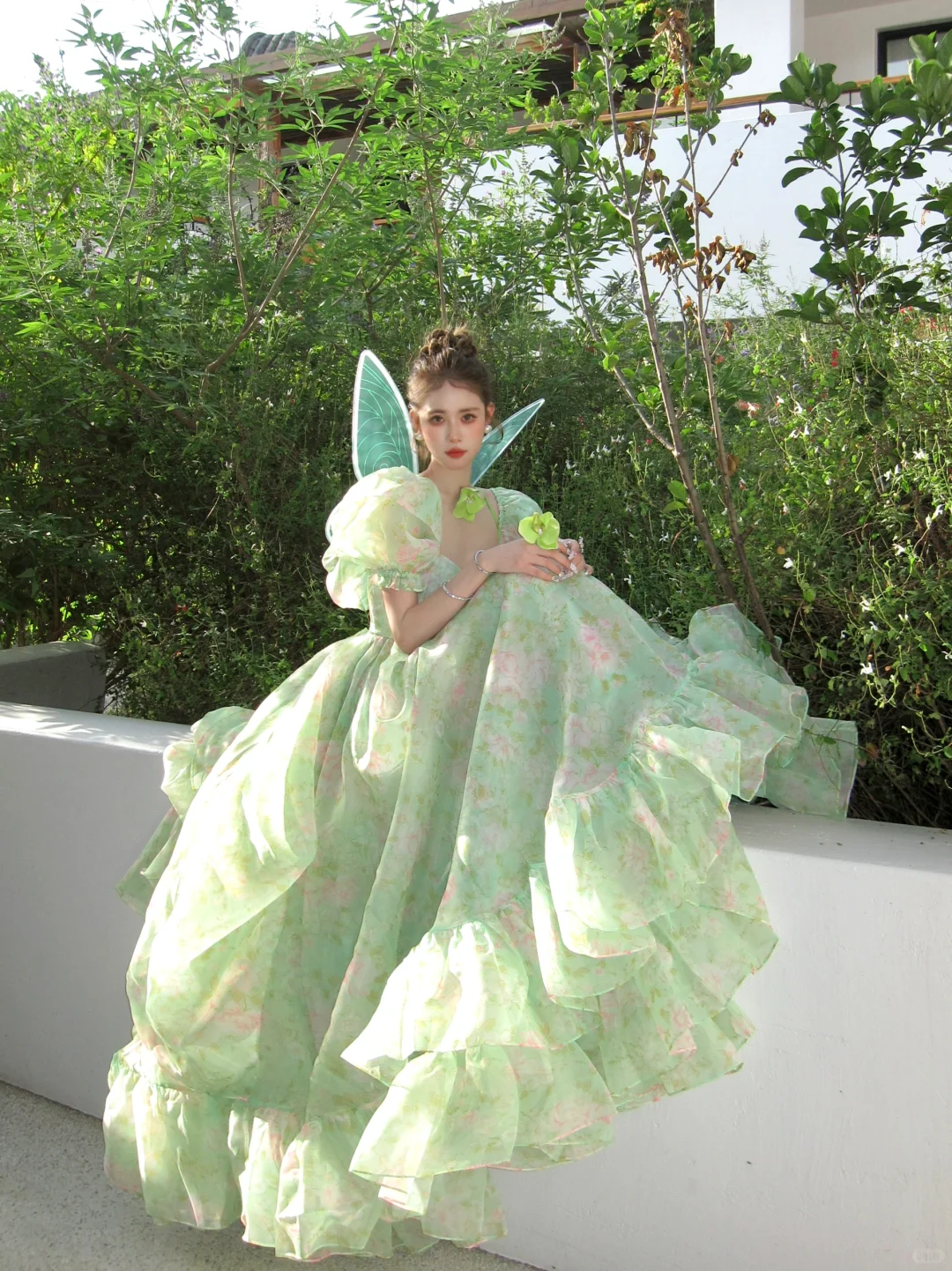 Green Ball Gown Puff Print Floral Ruffle Chiffon Long Party Dress Birthday Dress DP2418
