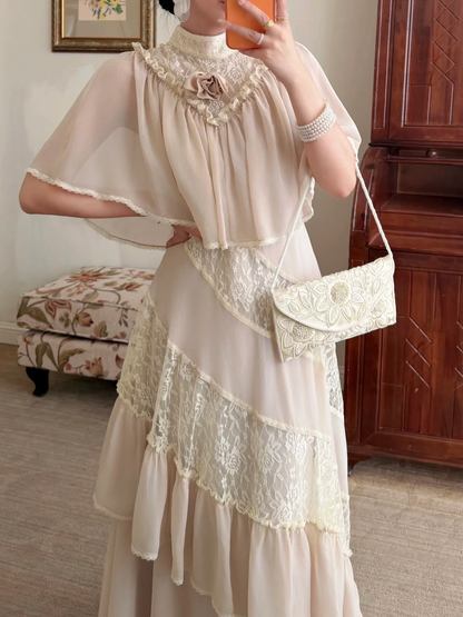 Vintage A Line High Neck Lace Chiffon Long Prom Dress Evening Dress DP6466