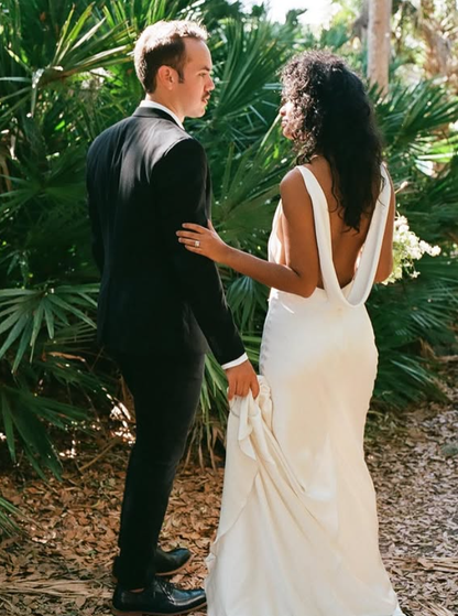 Open Back Sexy Sheath Round Neck White Satin Long Wedding Dress DP4303