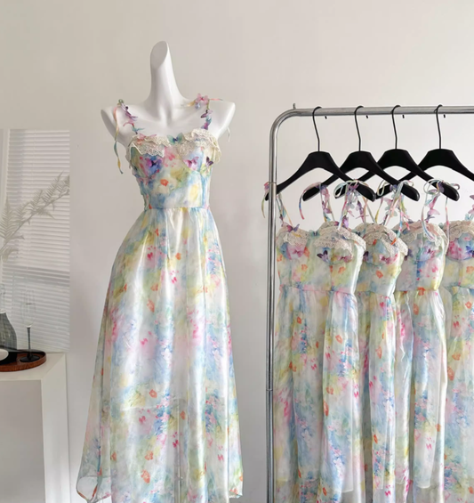 Dreamy Multi-color A Line Spaghetti Strap Printed Floral Chiffon Vacation Dress Birthday Dress Outfits DP3542