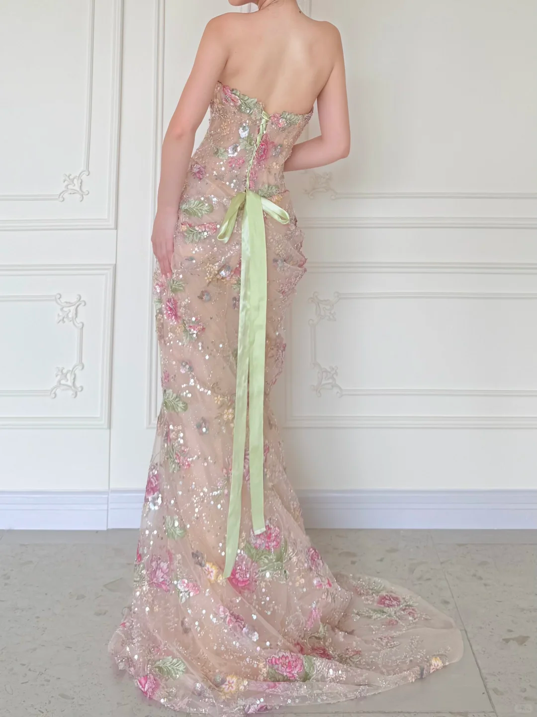Luxurious Mermaid Strapless Floral Sequin Tulle Long Prom Dress Evening Dress DP5473
