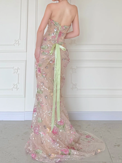 Luxurious Mermaid Strapless Floral Sequin Tulle Long Prom Dress Evening Dress DP5473