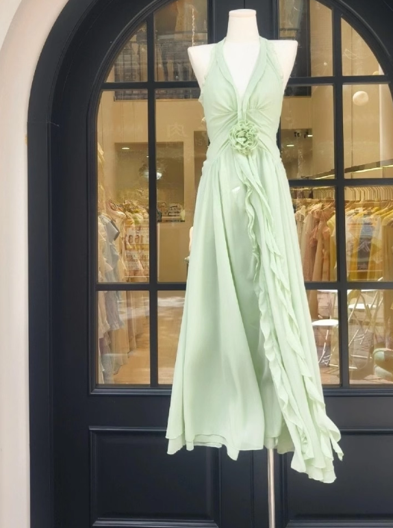 Light Green A Line V Neck Ruffle Chiffon Prom Dress Outfits DP4710