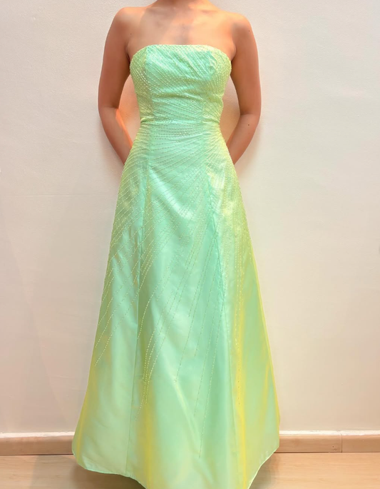 Simple A Line Strapless Beaded Green Satin Long Prom Dress Evening Dress DP1746