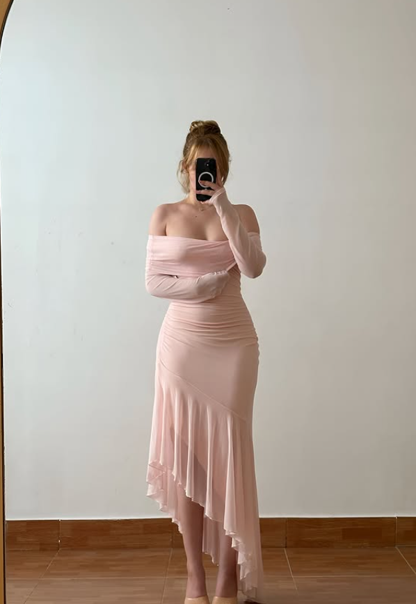 Sweet Light Pink Mermaid Long Sleeve Chiffon Prom Dress Evening Dress DP6425