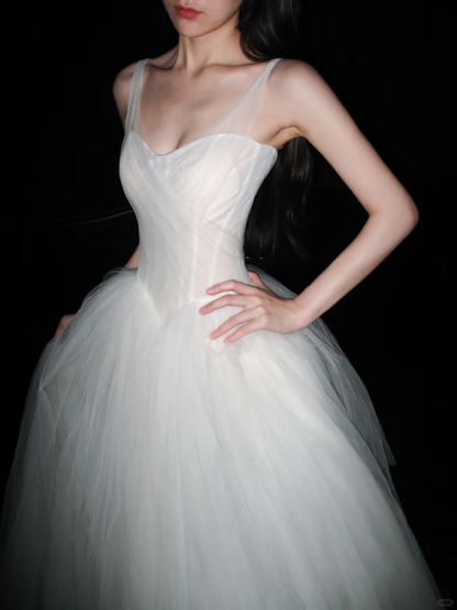 Elegant Ball Gown Spaghetti Strap Flowy Tulle Long Wedding Dress DP6384