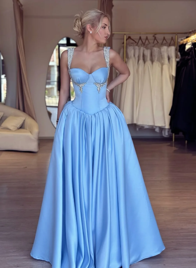 Sky Blue A Line Straps Beaded Satin Long Prom Dress Evening Dress DP6927